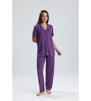 Kadın Düğmeli Puantiye Desen Kısa Kollu Pijama Takım  Mor