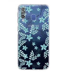 Samsung Galaxy M30  Kamera Korumalı Kapak Floral Su Yeşili Tasarımlı  Şeffaf  Kılıf