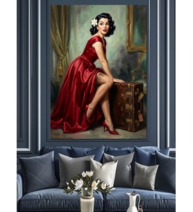 Kırmızı Elbiseli Taburede Oturan Kadın Dekoratif Kanvas - Mdf Ahşap Tablo