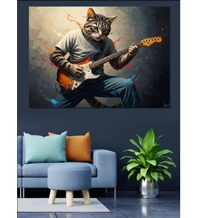 Gitar Çalan Karizmatik Modern Kedi Dekoratif Kanvas - Mdf Ahşap Tablo