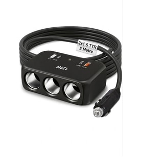 Araç Çakmak Uzatma Kablosu Çakmaklık Çoklayıcı USB,Type-C çıkışlı Hızlı şarj 12-24V/10A/120W 2 X1,5mm TTR Bakır 5Mt