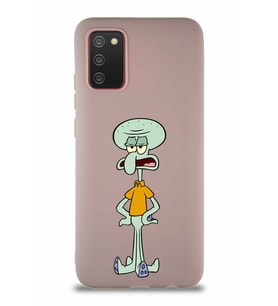 Samsung Galaxy A02S Soft Premier Kapak Squidward Dokunaç Tasarımlı Silikon Kılıf - Pudra (Şeffaf)