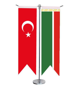 Masa Üstü Kırlangıç Çeçenistan + Türk Bayrağı + Krom T Direk Masa Bayrak Seti