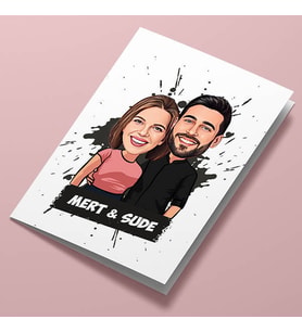 Kişiye Özel Birbirine Aşık Sevgililer Karikatürlü Tebrik Kartı