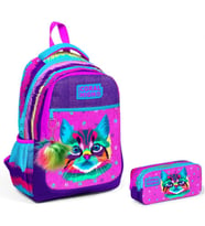 Coral High Mor Pembe Kedi İlkokul Sırt Çantası ve Kalemlik Seti