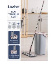 Lavine Flat Mop Temizlik Seti Gri, Paslanmaz Çelik Saplı, Su Tahliyeli