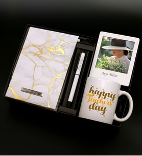 Kişiye Özel Beyaz Mermer Desenli Defter& Mat Beyaz Roller Kalem& Beyaz Instagram Çerçeve& Öğretmenler Günü Kupa Hediye Seti