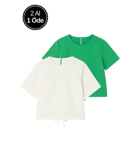 Kadın 2'li Paket Ekru-Yeşil Kısa Kollu T-Shirt Oversize %100 Pamuk Bisiklet Yaka Bluz Tişört