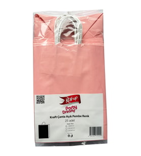 Büküm Saplı Kraft Kağıt Çanta Karton Hediyelik Poşet Torba - Pembe - 18x24 Cm. - 25 Adetlik Paket