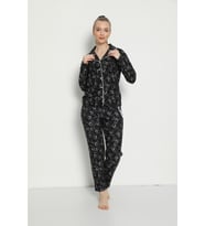 Pijamoni Kadın Süet Boydan Düğmeli Pijama Takımı - 5660-16 (Siyah)