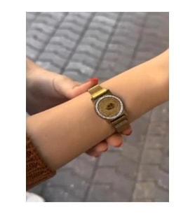 Çelik Gold Renk Hasır Zirkon Taşlı Çeyrek Altın Model  Mıknatıslı Kadın Her Bileğe Uygundur (Çok Renkli)