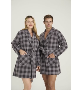 Kadın/Erkek Polyester İkili Rob Sabahlık Takım Ekose Desen (Gri)