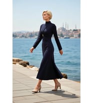 Kadın Maxi Elbise Yüksek Yaka Uzun Kol Örme Sandy Kumaş Kalıp Astarsız Düz Desen Toka