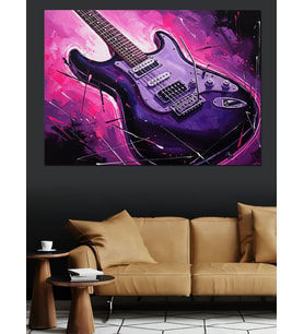 Mor Işıklı Modern Elektro Gitar Dekoratif Kanvas - Mdf Ahşap Tablo