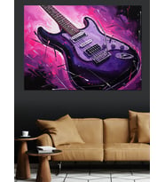 Mor Işıklı Modern Elektro Gitar Dekoratif Kanvas - Mdf Ahşap Tablo