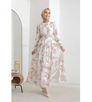 Neşeli butik kadın desenli kemerli tesettür şifon elbise SMS024 - Bej  (Bej)
