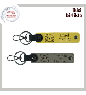 Minik Dosta Minnet İfade Eden Hediyelik, Kedili Deri Anahtarlık Takımı 2'li Set, Sarı-Kül Gri (Çok Renkli)