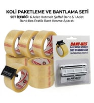 ŞeyliŞeyler - 6 Adet Hotmelt Şeffaf Koli Bandı 45 mm x 100 m ve Bant-Kes Pratik Bant Kesme Aparatı Seti