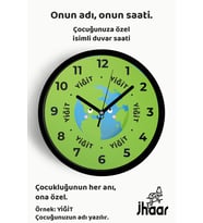 İsme Özel Sevimli Dünya Çocuk Odası Duvar Saati Orta Boy 30 cm Siyah Camlı Sessiz