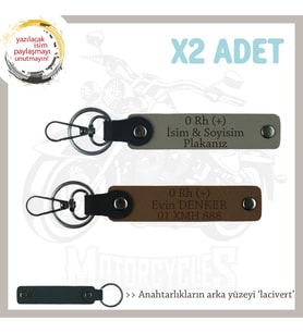 Motor Severlere İsim Plaka ve 0 Rh (+) Kan Grubu Yazılı Doğum Günü x2 Anahtarlık, Kül Gri-Kahve-Laci (Çok Renkli)