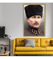 Metal Çerçeveli Temperli Cam Tablo Portre Kalpaklı Atatürk (Gold)