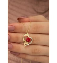 Gold Kırmızı Gül Kalp Kadın Gümüş Kolye Sevgililer Günü, Anneler Günü, Doğum Günü, Yıldönümü, Hediye 925 Ayar Gümüş Kolye
