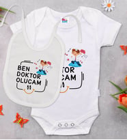 BK Kids Doktor Olucam Tasarımlı Beyaz Bebek Body Zıbın ve Mama Önlüğü Hediye Seti-1