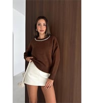 kadın kahverengi yaka taş işlemeli oversize triko kazak NBK25818 ( STD-36-42)