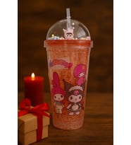 Kuromi Temalı Pembe Suluk Pipetli Buzlu Cam Görünümlü 450 ML Çift Katman Mika Su Şişesi 2647 Pembe