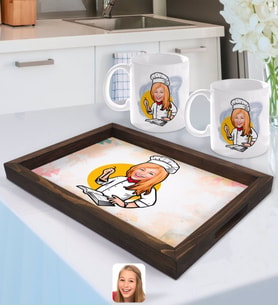 BK Gift Kişiye Özel Kadın Chef Karikatürlü Doğal Ahşap Tepsi ve 2’li Kupa Bardak Seti-12