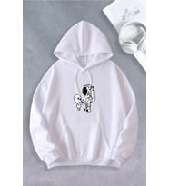 Unisex Kadın Erkek Uzaylı Astronot Baskılı Oversize Sweatshirt (Beyaz)
