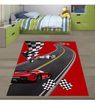 Araba Yarışı Racer Arabalar Desenli Dijital Baskı Yıkanabilir Kaymaz Taban Genç Odası Halısı (Kırmızı)