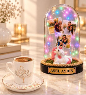 Kişiye Özel 3 Fotoğraflı Yazılı Renkli LED Işıklı Unicornlu Fanus ve Hayat Ağacı Kahve Fincanı