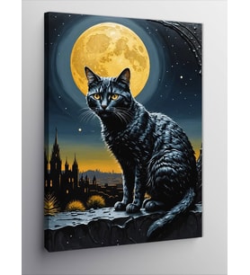 Kanvas Tablo Siyah Kedi Ve Dolunay