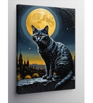Kanvas Tablo Siyah Kedi Ve Dolunay