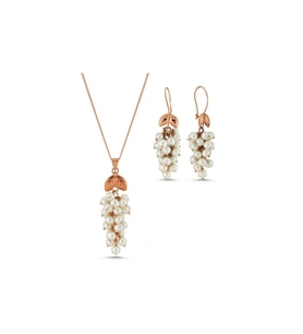 Üzüm Salkımı Doğal İnci Küpe Kolye İkili Set (Rose)