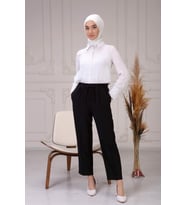 Kadın Beli Lastikli Cepli Düz Paça Pantolon 5372 (Siyah)