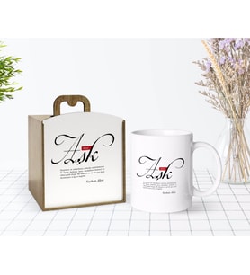 BK Gift Kişiye Özel Ahşap Kutuda Mânâ Aşk Tasarımlı Beyaz Kupa Bardak-1