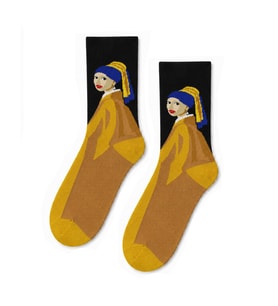 İnci Küpeli Kız Tablo Desenli Siyah Unisex Soket Çorap