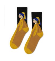 İnci Küpeli Kız Tablo Desenli Siyah Unisex Soket Çorap