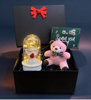 Siyah Hediye Kutusunda Pembe Peluş Ayıcık ve Led Işıklı Fanus Hediye Seti (Model 1)