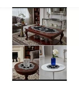 Siyah Elora Model 5 Parça Velvet Kadife Dantelli Runner Masa Örtüsü Seti Salon Takımı