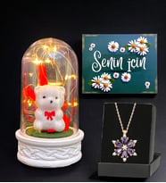 Led Işıklı Tasarım Fanus ve Gerçek Ametist Taşlı Lotus Kolye (Model 3)