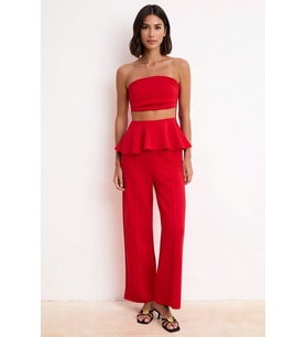Kadın Straplez Peplum Detaylı Geniş Paça Uzun Örme Takım Soft Touch Kumaş Rahat Kesim Günlük Modern
