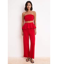 Kadın Straplez Peplum Detaylı Geniş Paça Uzun Örme Takım Soft Touch Kumaş Rahat Kesim Günlük Modern