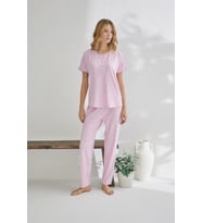 Estiva 23120 Kadın Puantiyeli Yakası Düğmeli Ring Viskon Yazlık Pijama Takımı