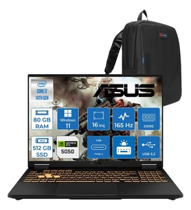 Asus Tuf Gaming F16 FX608JHR 14. Nesil Intel I7-14650HX 80GB Ddr5 512GB SSD 8GB/RTX5050 115W 165Hz 16"wuxga Fhd+ 300NITS IPS WIN11PRO Gaming Bilg. WRV055P22+ZETTAÇANTA