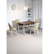 Florn Ceviz 80 x 132 Açılabilen Sunta Masa Metal Ayaklı Mutfak Masası Takımı 4 Krem Sandalye