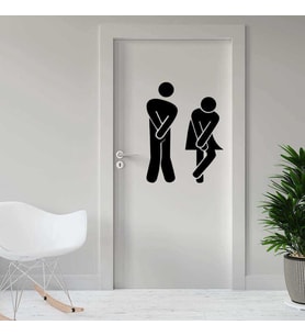 Sıkışmış Kadın Erkek Espirili WC Silüeti Dekoratif Kapı Sticker, Çıkartma