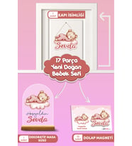 Kişiye Özel Uyuyan Ayıcık Temalı 17 Parça Yenidoğan Süs Seti - Kapı Süsü, Masa Süsü, Magnet (Model 2)